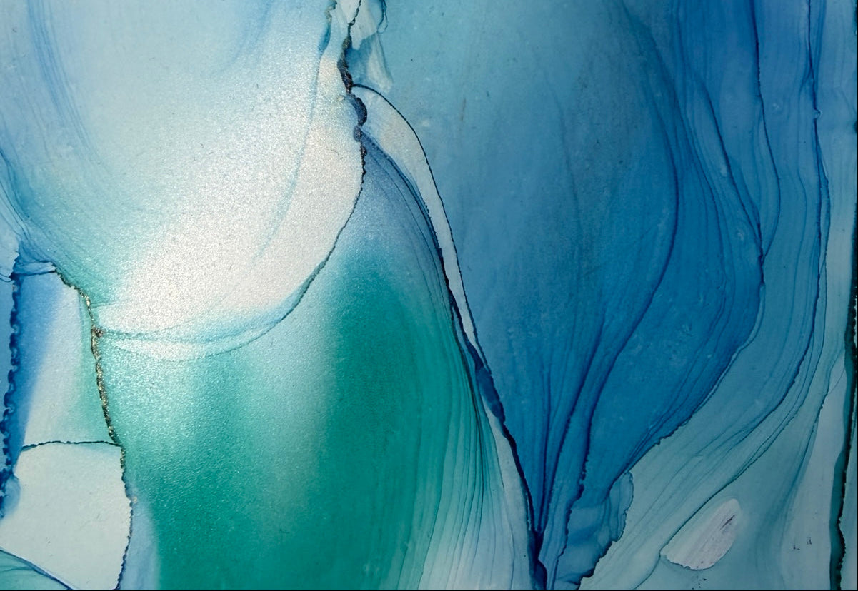Abstract blue and green painting with fluid textures