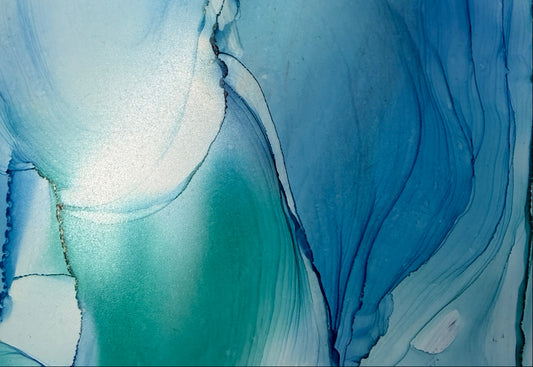 Abstract blue and green painting with fluid textures