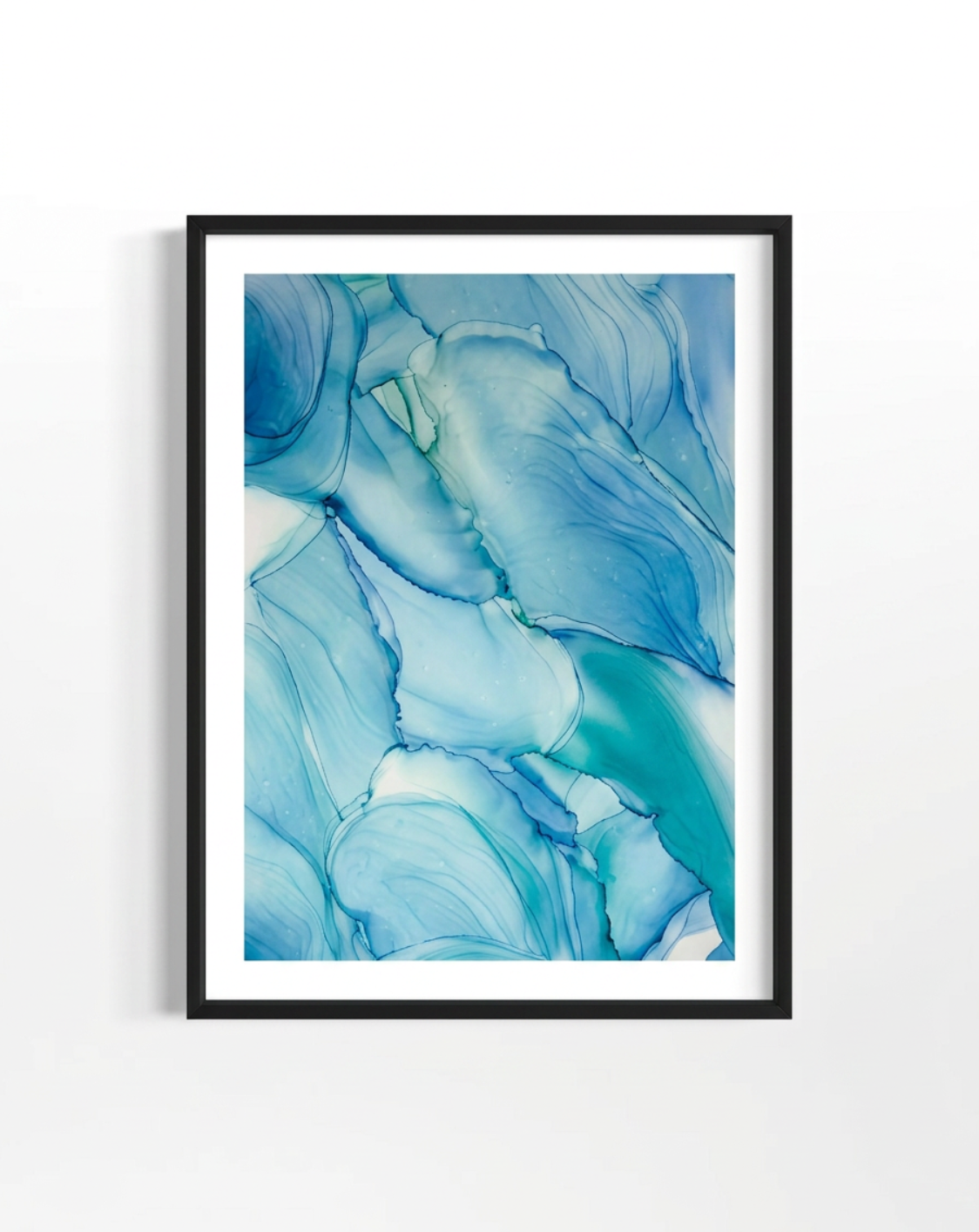 Framed abstract artwork with blue and green colors on a white background