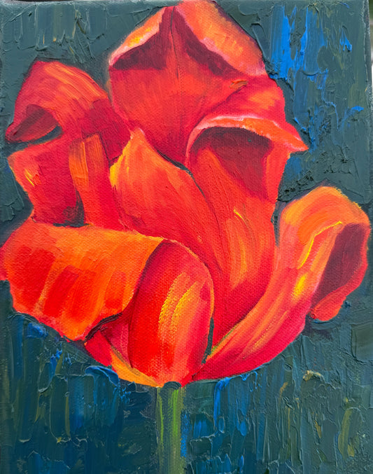 An expressive oil painting of a vibrant red-orange tulip with thick impasto brushstrokes, set against a textured dark blue and teal background.
